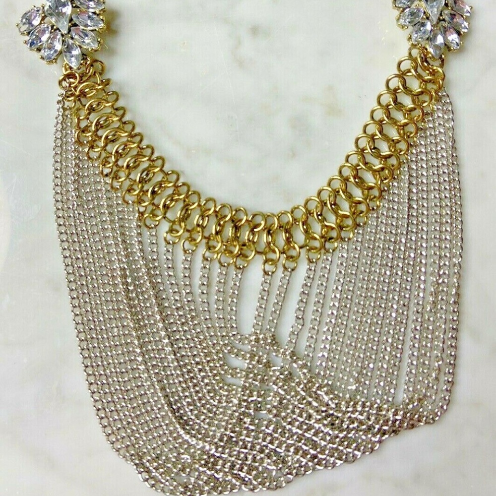 NEW JUICY COUTURE Statement Bib Necklace Rhinestone Silver Chain Dangling Draped